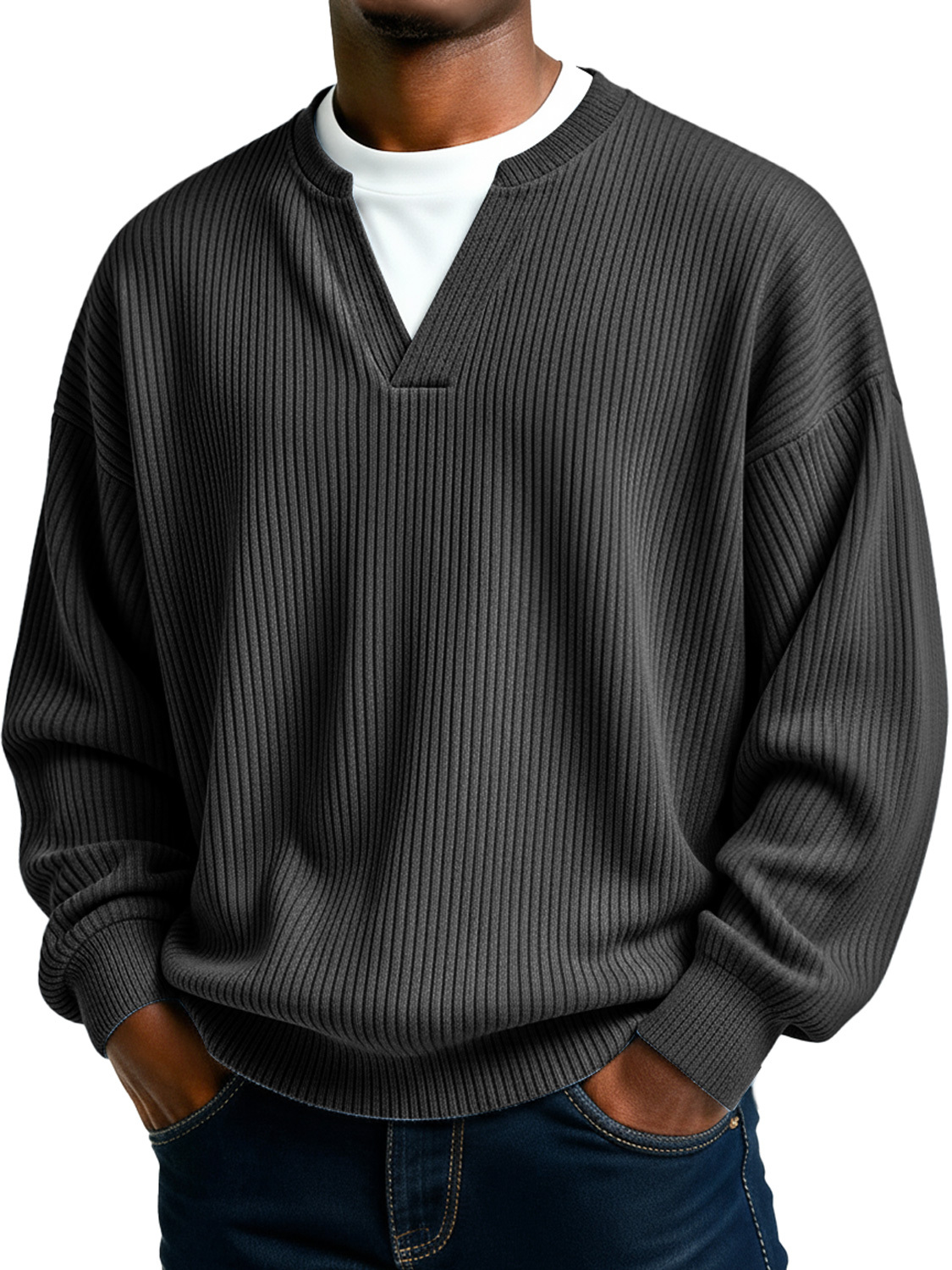 Men's Simple Ribbed V-Neck Faux Two-Piece Casual Long-Sleeve T-Shirt