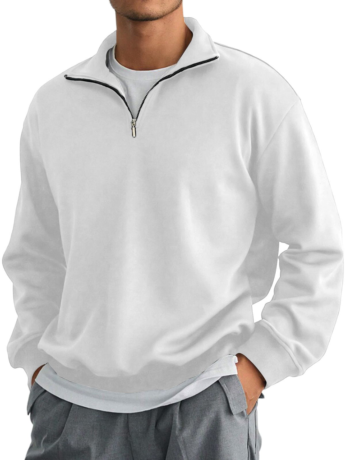 Men's Autumn Stand Collar Zipper Solid Color Comfortable Long-sleeved Sweatshirt