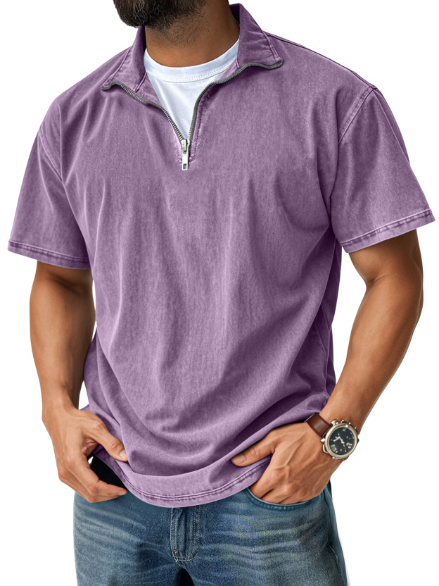 Men's Retro Casual Stand Collar Quarter-Zip Short Sleeve T-Shirt