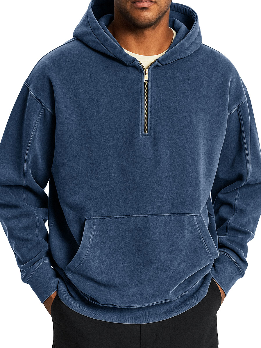  Men's Stylish Retro Distressed Half-zip Pocket Hooded Sweatshirt 