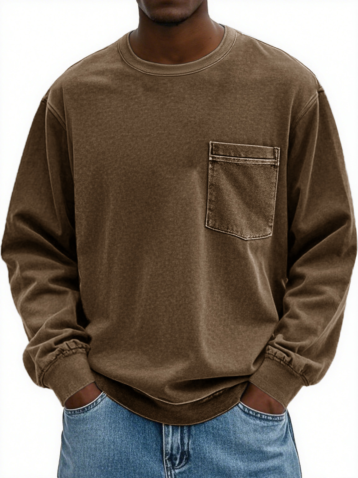 Men's Fashion Retro Distressed Pocket Lapel Long-sleeved Round Neck Sweatshirt