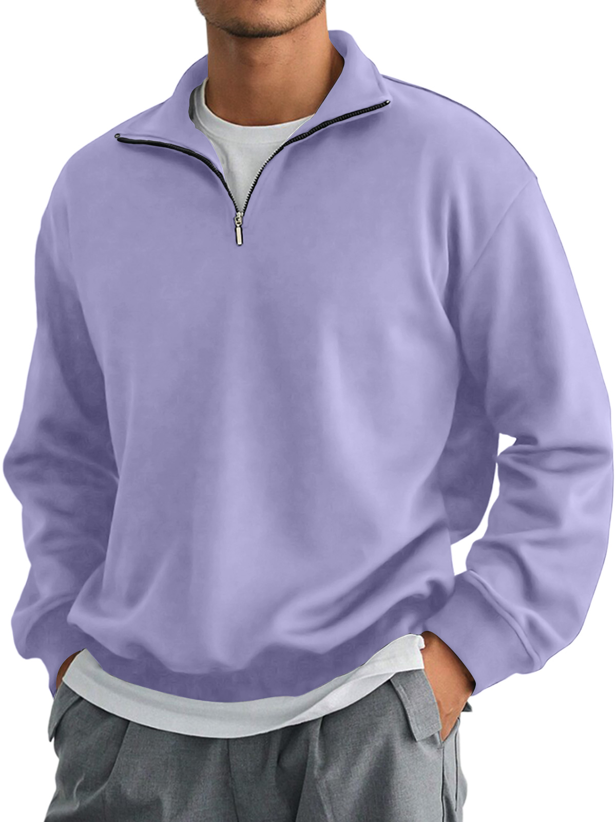 Men's Autumn Stand Collar Zipper Solid Color Comfortable Long-sleeved Sweatshirt