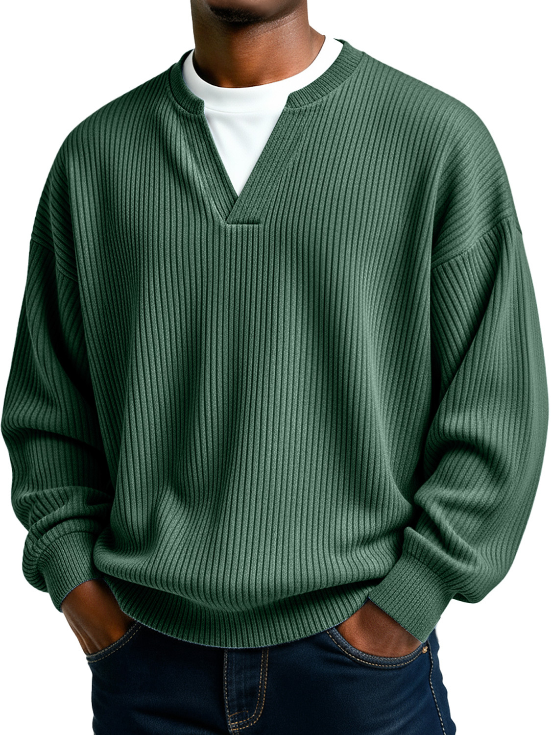 Men's Simple Ribbed V-Neck Faux Two-Piece Casual Long-Sleeve T-Shirt
