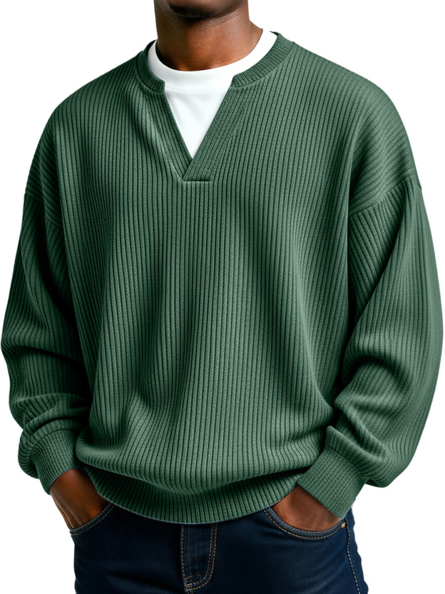 Men's Simple Ribbed V-Neck Faux Two-Piece Casual Long-Sleeve T-Shirt