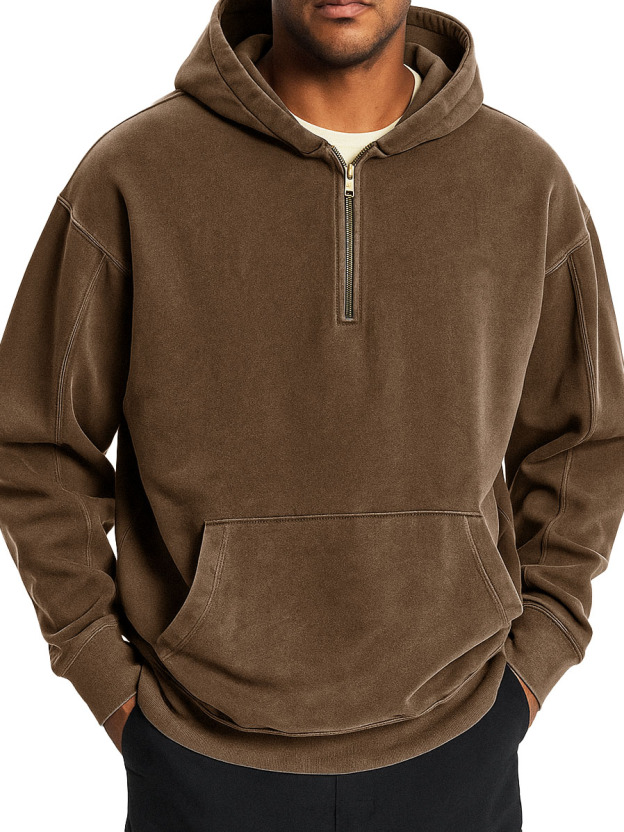  Men's Stylish Retro Distressed Half-zip Pocket Hooded Sweatshirt 