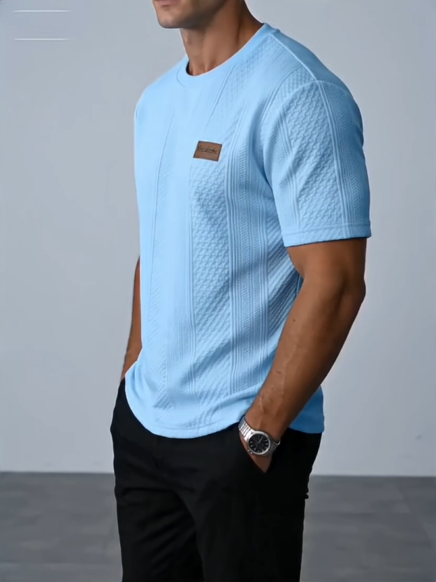 Men's Striped Jacquard Textured Casual Crew Neck Short-Sleeve T-Shirt