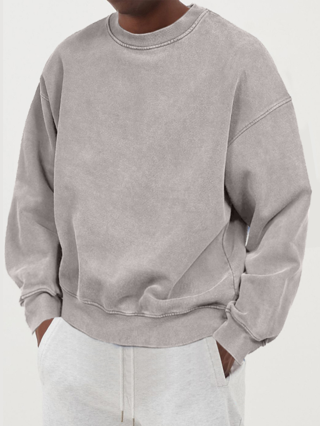 Men's Distressed Washed Cotton Round Neck Long-sleeved Sweatshirt