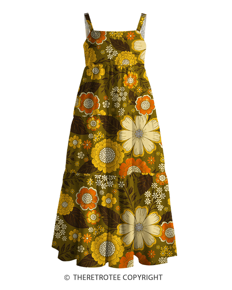 TheRetroTee 1970s Vintage Graphic Earth Tone Floral Maxi Dress