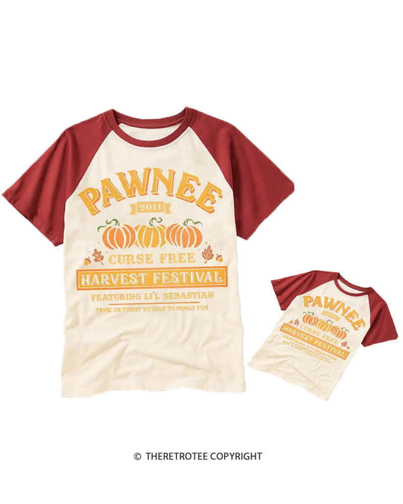 TheRetroTee Pawnee Vintage Harvest Festival Graphic Halloween Raglan Baseball Family T-Shirt