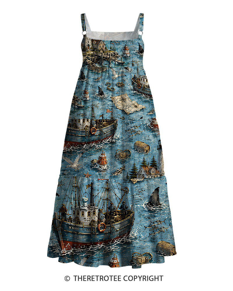 TheRetroTee Vintage Graphic Nautical Adventure Maxi Dress