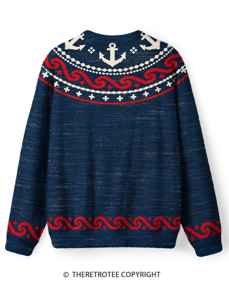 TheRetroTee Vintage 1970s Nautical Anchor Wave Sweater