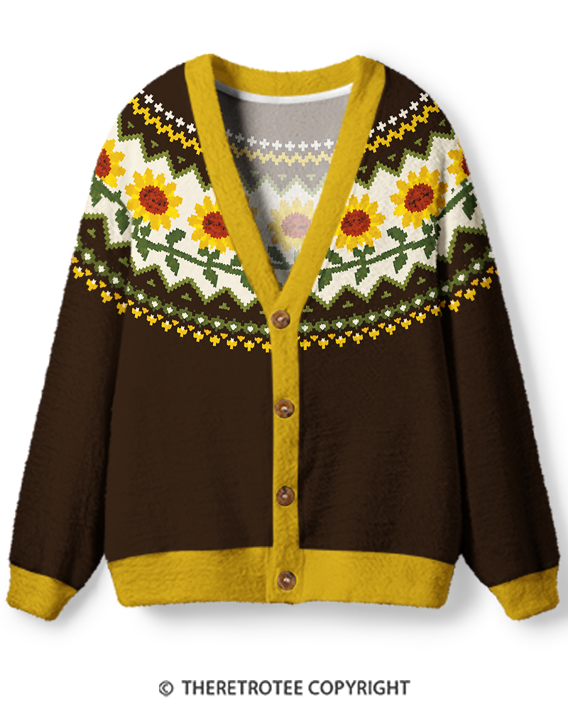 TheRetroTee Vintage 1970s Golden Sunflower Unisex Cardigan Sweater