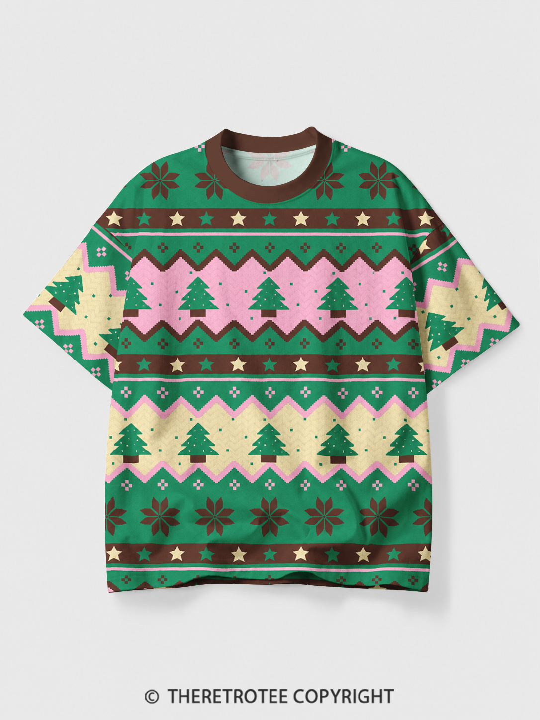 TheRetroTee Christmas Tree Fair Isle Eco Oversized Striped Ringer T-Shirt
