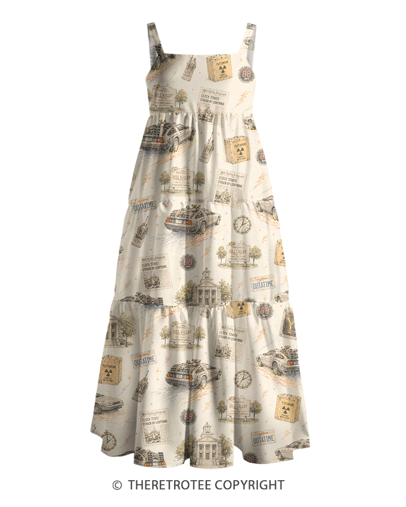 TheRetroTee 1980s Retro Time Travel Car Vintage Sci-Fi Graphic Strappy Maxi Dress
