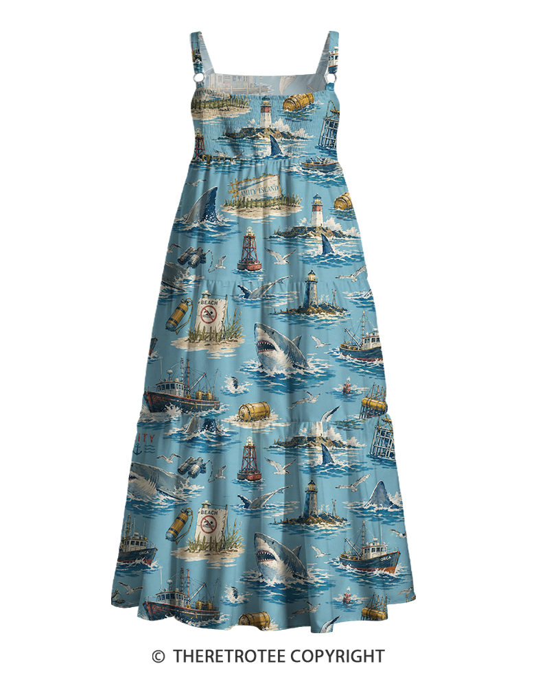 TheRetroTee 1970s Vintage Shark Ocean Nautical Adventure Graphic Strappy Maxi Dress