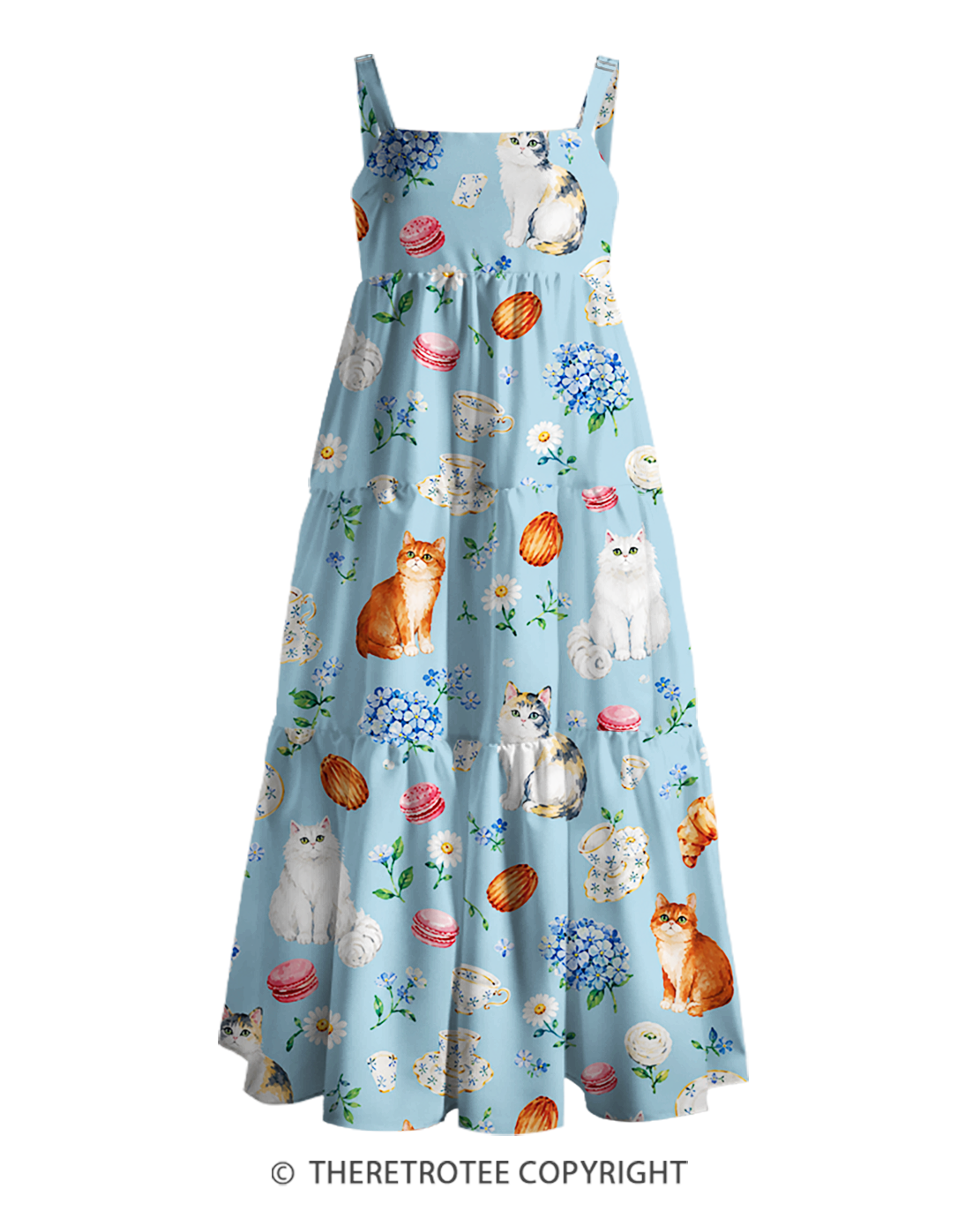 TheRetroTee Tea Time Cat Café 1950s Strappy Maxi Dress