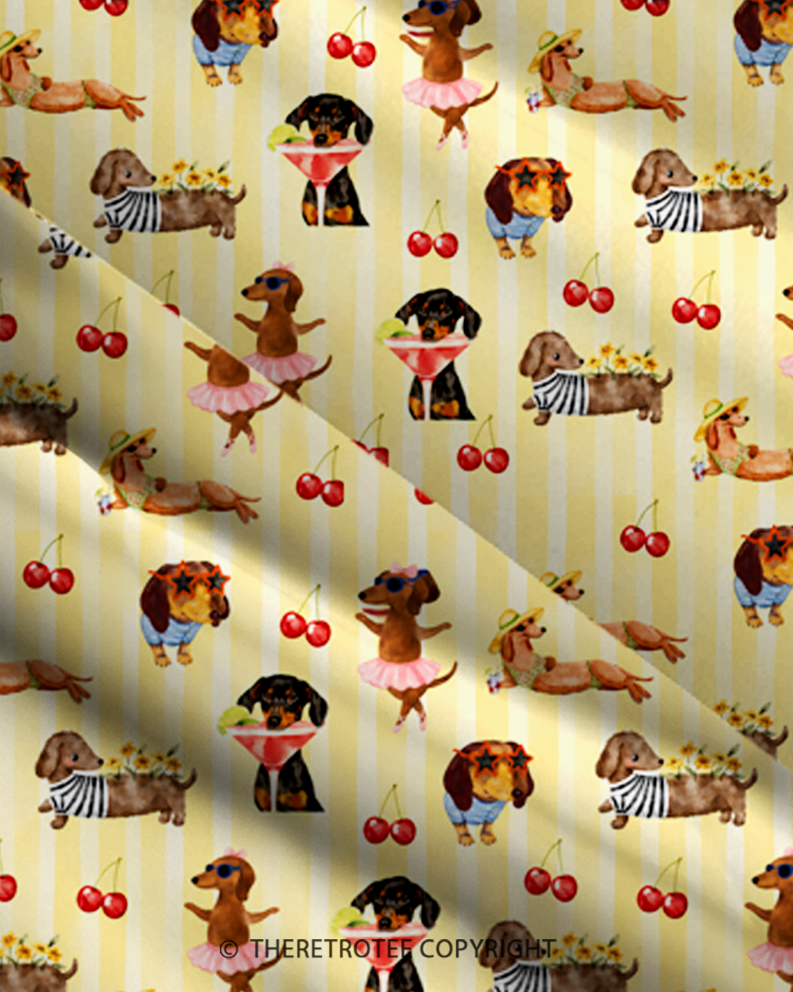 TheRetroTee Cherry Picnic Dachshund 1970s Strappy Maxi Dress