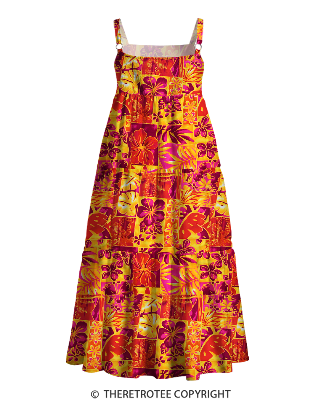 TheRetroTee 1960s Retro Hawaiian Tiki Patchwork Tropical Floral Strappy Maxi Dress