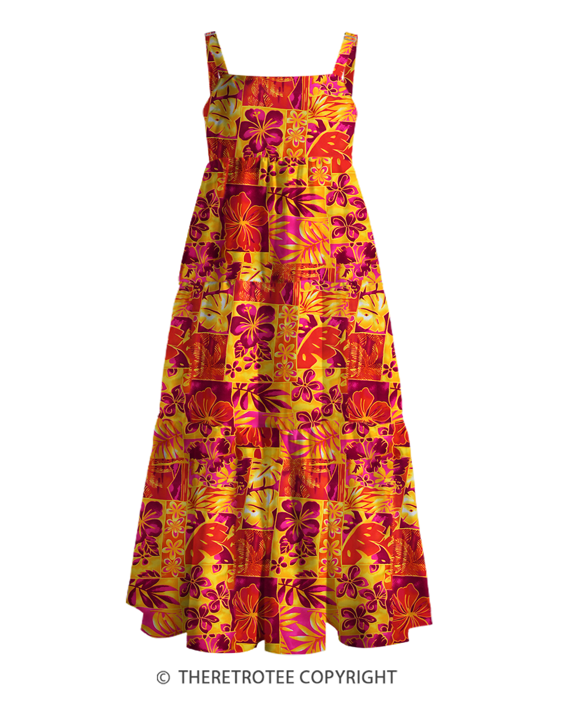 TheRetroTee 1960s Retro Hawaiian Tiki Patchwork Tropical Floral Strappy Maxi Dress