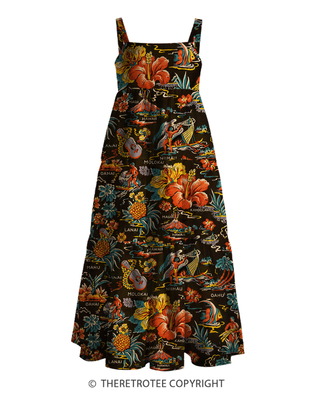 TheRetroTee 1950s Vintage Hawaiian Tiki Tropical Map Print Strappy Maxi Dress