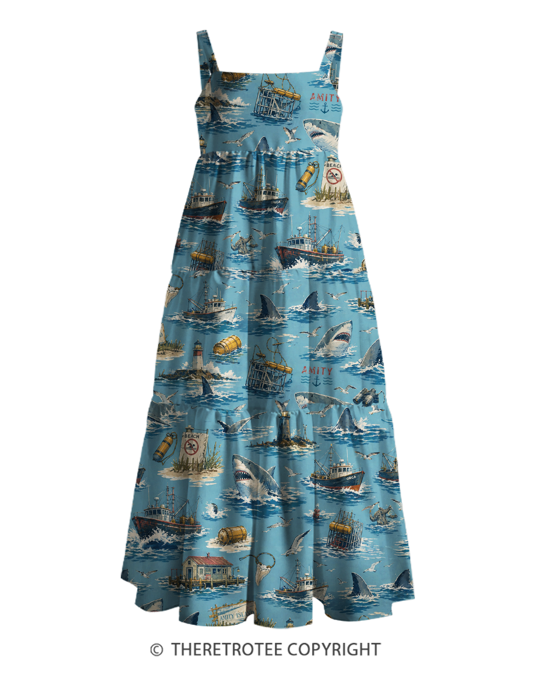 TheRetroTee 1970s Vintage Shark Ocean Nautical Adventure Graphic Strappy Maxi Dress