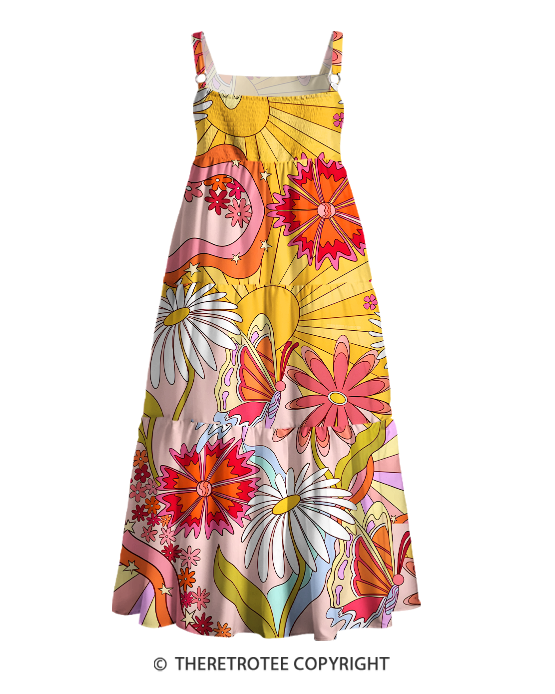 TheRetroTee 1970s Retro Groovy Sunflower Psychedelic Floral Strappy Maxi Dress