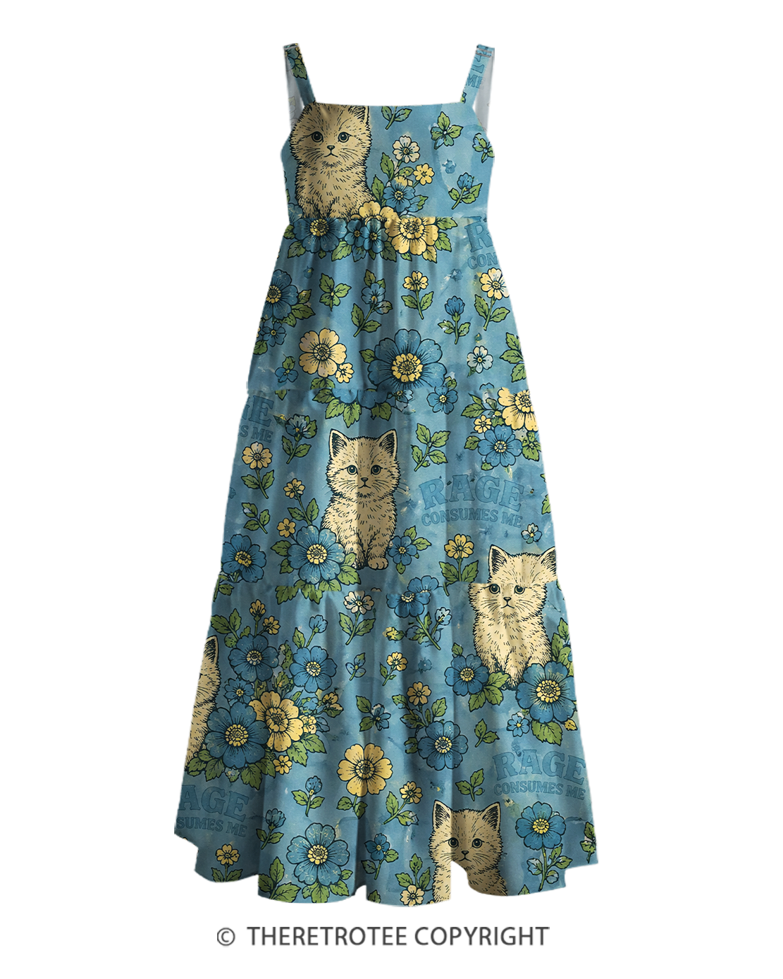 TheRetroTee Rage Consumes Me Cat Blue Print Strap Maxi Dress