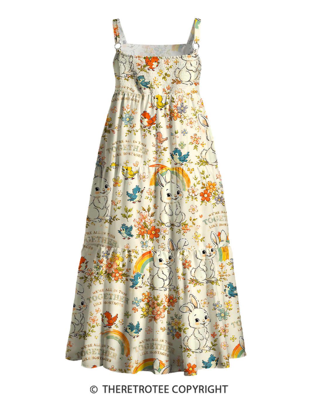 TheRetroTee 1950s Cute Office Bunny Print Strap Maxi Dress