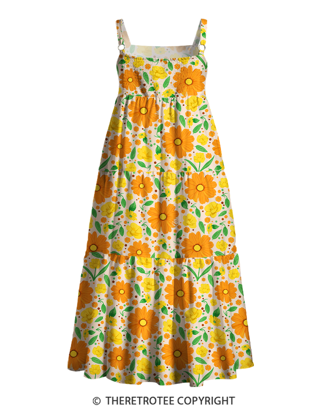 TheRetroTee 1970s Retro Groovy Orange Daisy Floral Boho Strappy Maxi Dress
