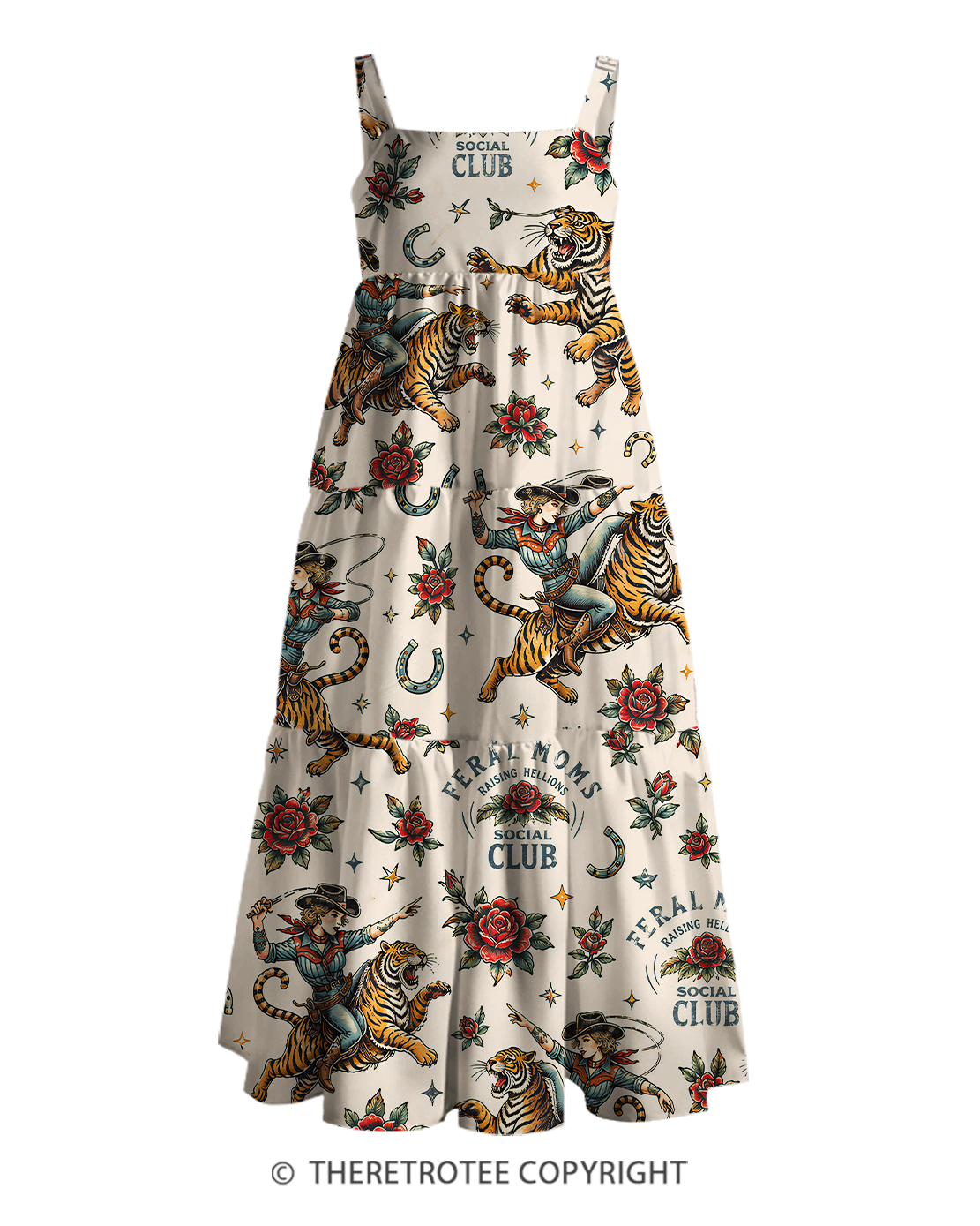 TheRetroTee Power Girl and Rose Western Print Strap Maxi Dress
