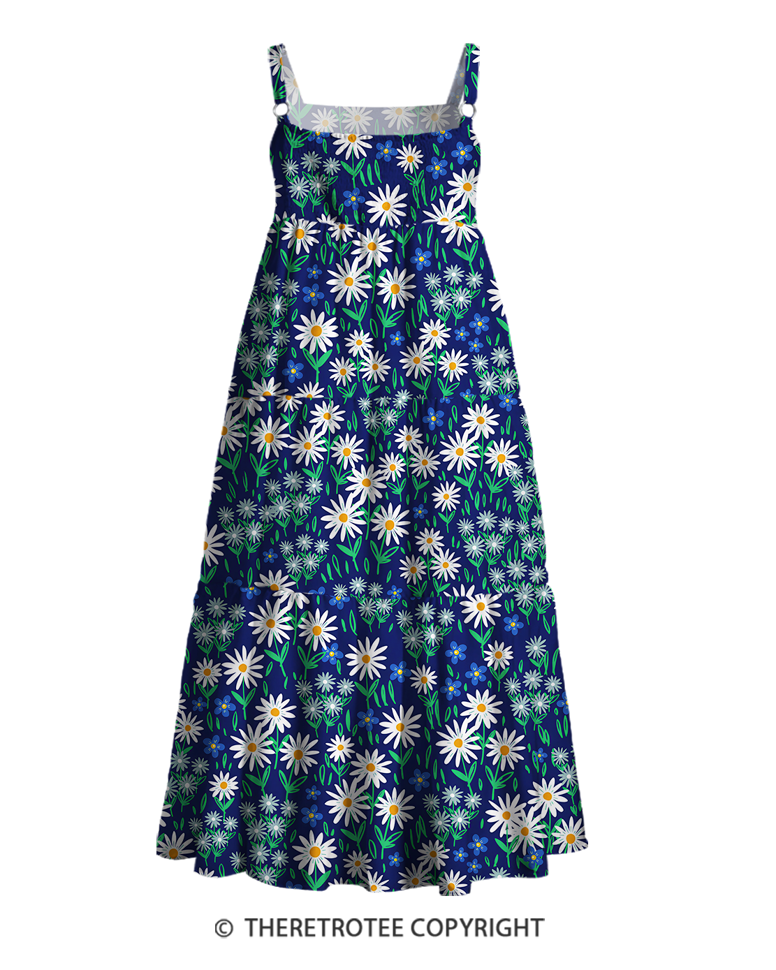 TheRetroTee 1970s Retro Blue Daisy Floral Boho Strappy Maxi Dress