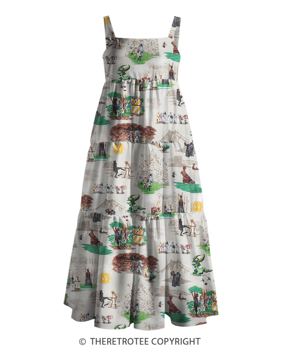 TheRetroTee 1970s Vintage Medieval Fantasy Toile Scene Print Strappy Maxi Dress