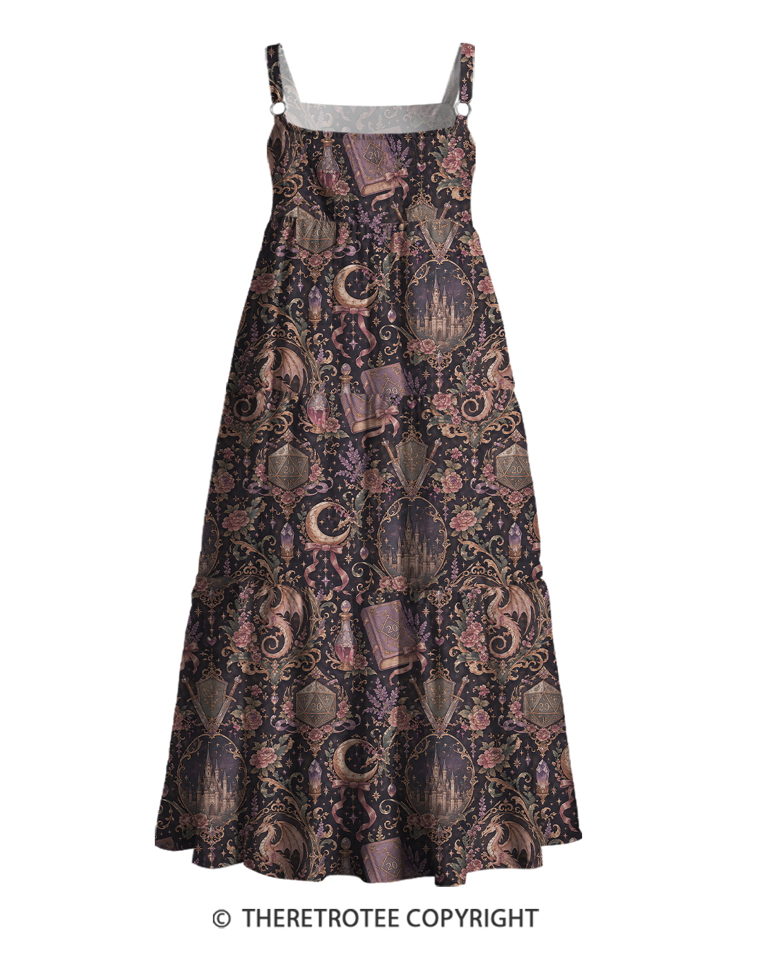 TheRetroTee 1970s Vintage Fantasy Gothic Dragon Castle Floral Strappy Maxi Dress