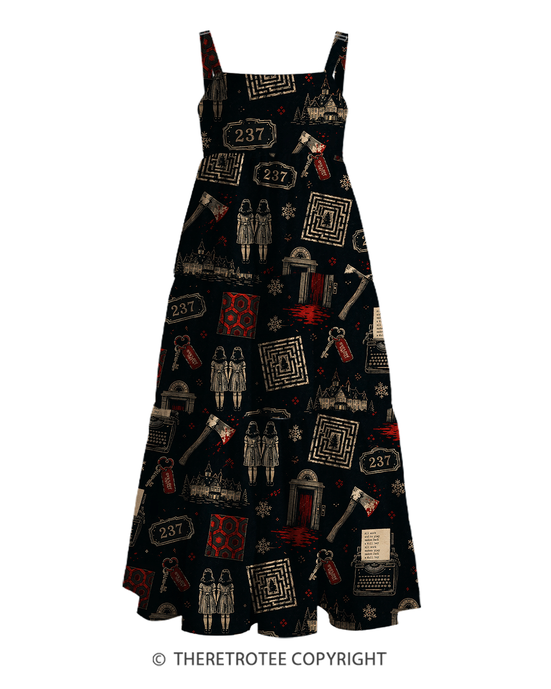 TheRetroTee Vintage Horror Haunted Hotel Dark Graphic Strappy Maxi Dress