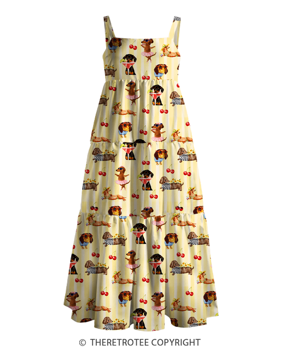 TheRetroTee Cherry Picnic Dachshund 1970s Strappy Maxi Dress