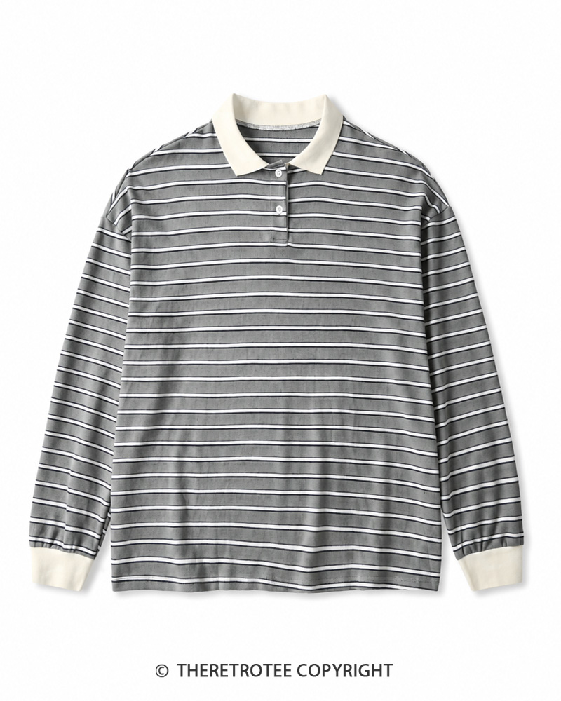 TheRetroTee Vintage Striped Long Sleeve Polo Shirt