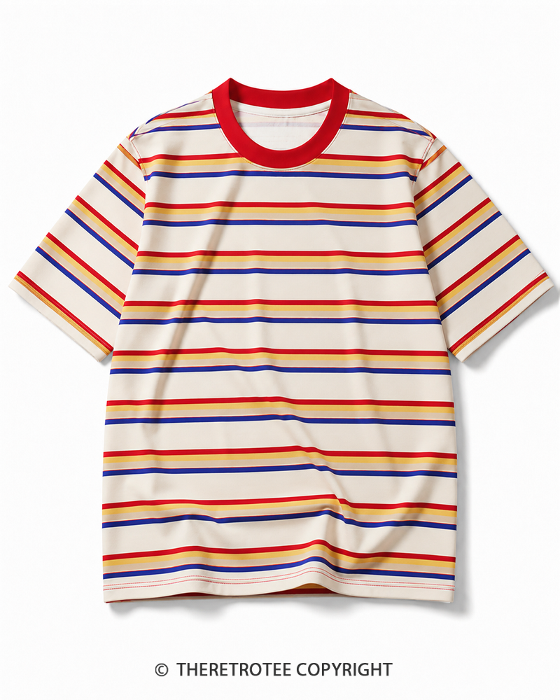 TheRetroTee 80s Retro Coastal Striped Ringer T-Shirt