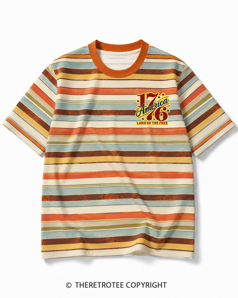 TheRetroTee Land Of The Free 1776 Striped Ringer T-Shirt