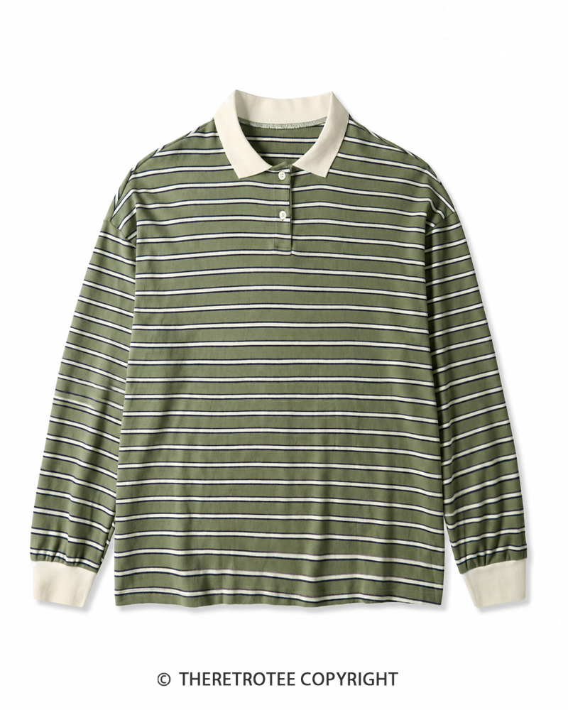TheRetroTee Vintage Striped Long Sleeve Polo Shirt