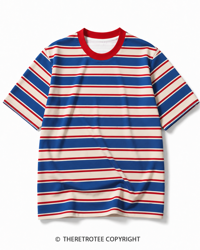 TheRetroTee 80s Retro Coastal Striped Ringer T-Shirt