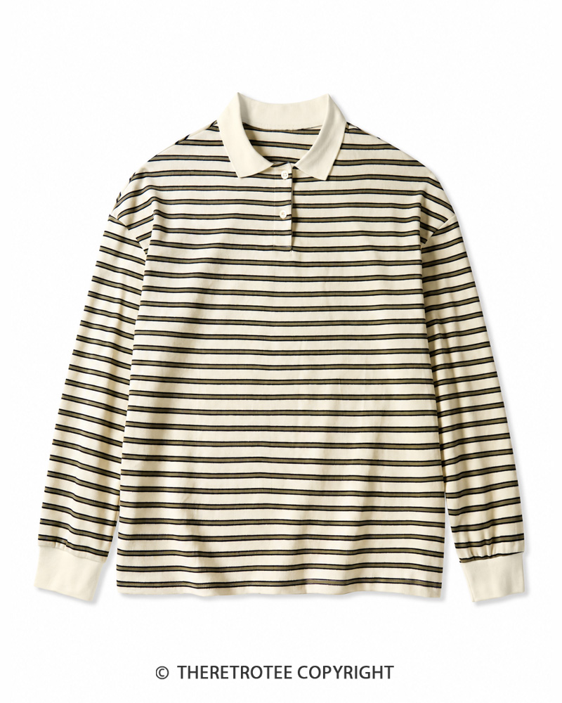 TheRetroTee Vintage Striped Long Sleeve Polo Shirt