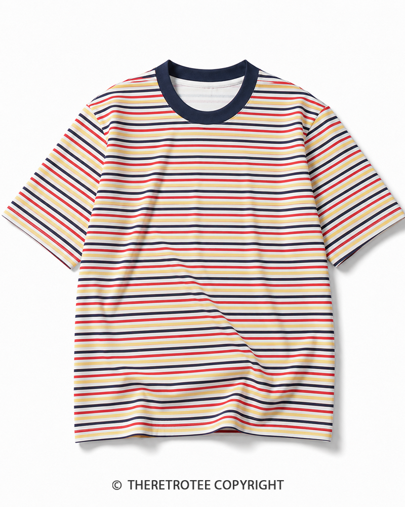 TheRetroTee 80s Retro Coastal Striped Ringer T-Shirt