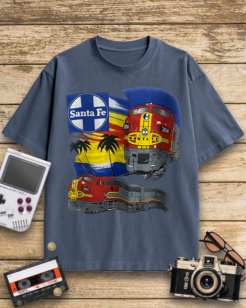 TheRetroTee 1990s Santa Fe Railroad 304 Train Cotton T-Shirt
