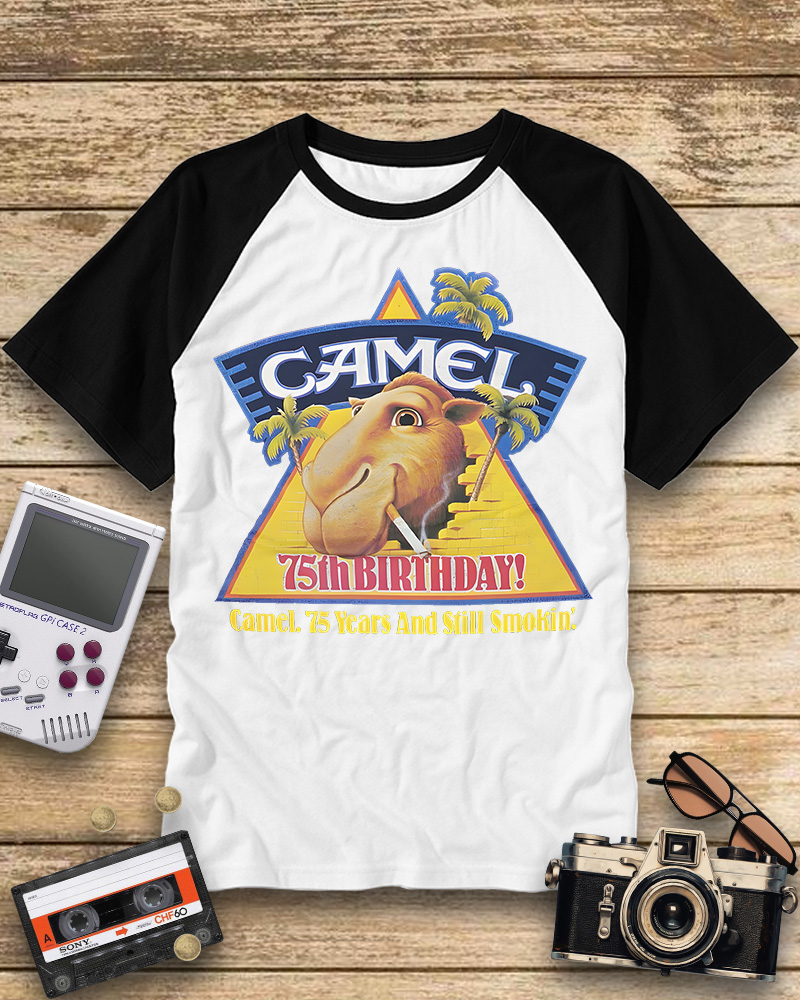 TheRetroTee Camel cigarettes smokin' 1970s Raglan Baseball T-Shirt