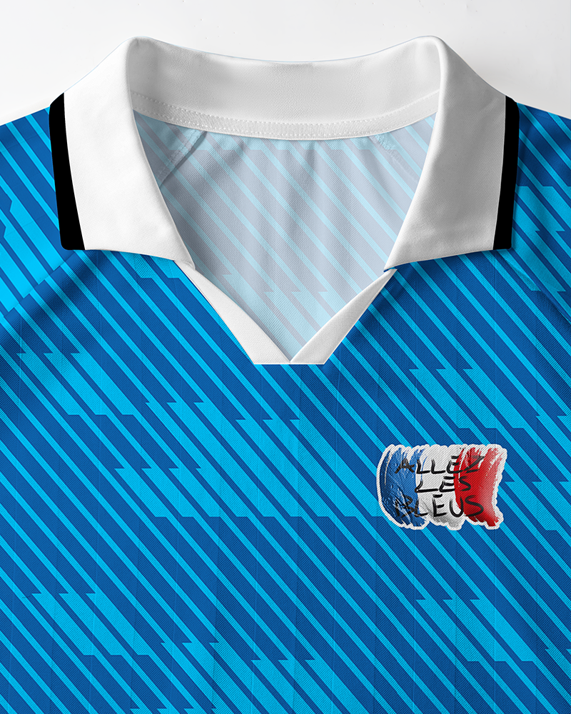 TheRetroTee Allez Les Bleus Blue Diagonal Stripe France Polo Mesh Jersey