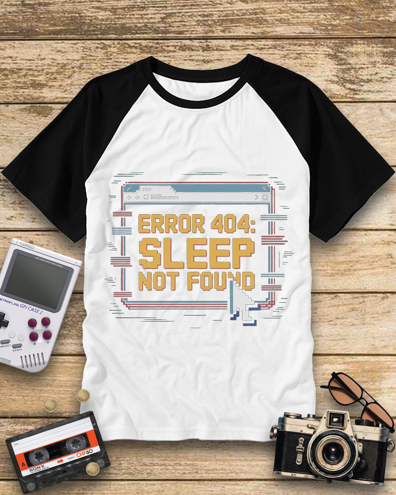 TheRetroTee Pixel Graphic Error 404 Sleep Not Found 1990s Raglan Baseball T-Shirt