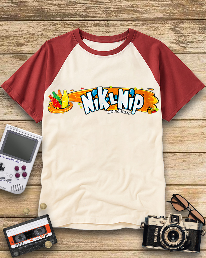 TheRetroTee NIK-L-NIP Crop Top Candy Wax Bottle Brand Logo Raglan Baseball T-Shirt