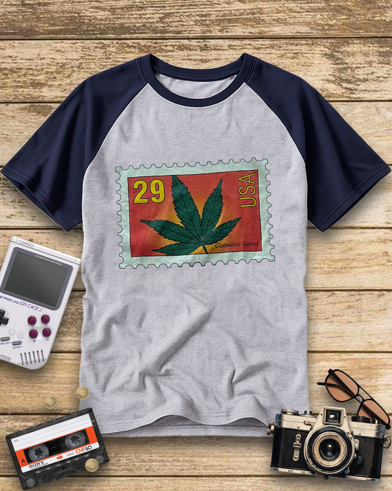 TheRetroTee Vintage 1993 Sativa Cannabis Postal Stamp Nostalgic Raglan Baseball T-Shirt
