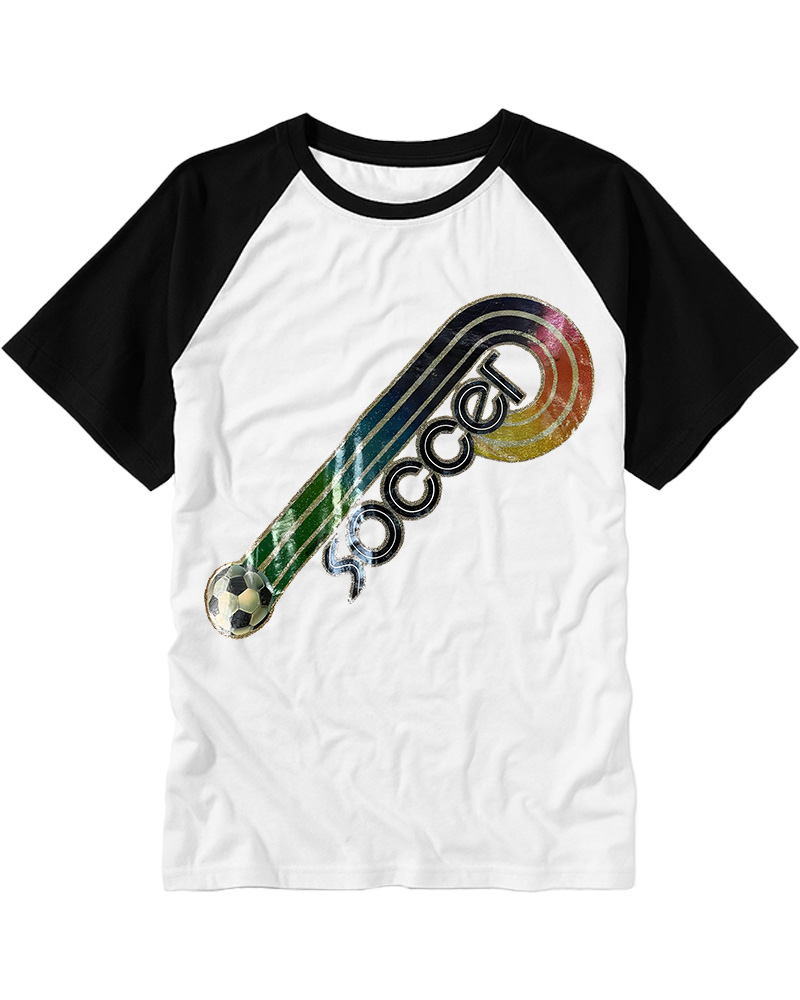 TheRetroTee 70s-80s Rainbow Glitter Soccer Iron Raglan Baseball T-Shirt