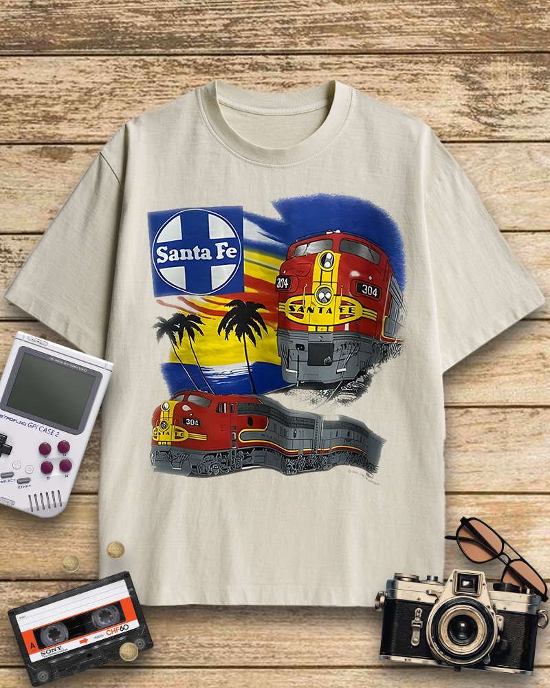 TheRetroTee 1990s Santa Fe Railroad 304 Train Cotton T-Shirt